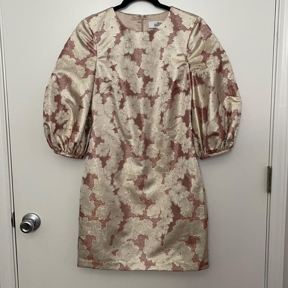 Formal floral print dress with gold threading.